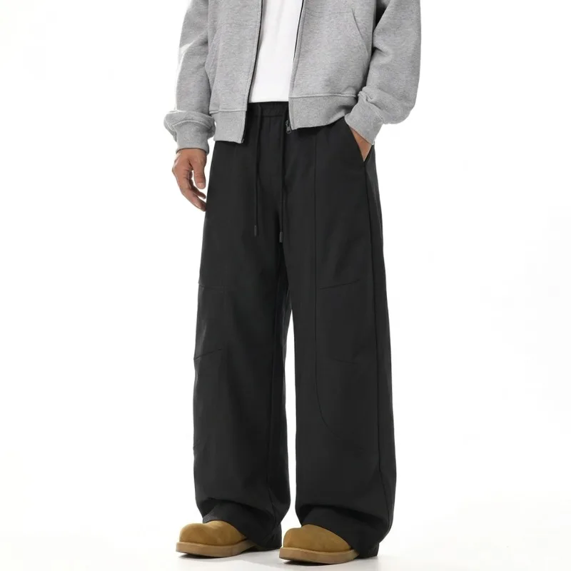 Baggy Wide Leg Casual Pants Drawstring Elastic Waist Solid Color Stitching Design Loose Streetwear Long Trousers Spring Autumn
