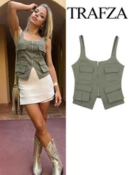 TRAFZA Female Sexy Tops Solid Square Collar Sleeveless Pockets Decoration Zipper Woman's Summer Streetwear Style Tank Tops