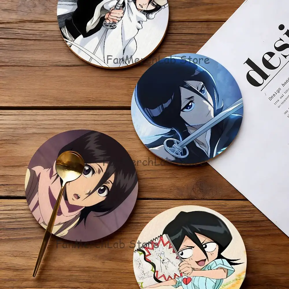 

R-Rukia Anime-E KuchikiS Wood Coaster Set - Heat Resistant For Tea & Coffee, Home Cafe Decor Holiday Gift