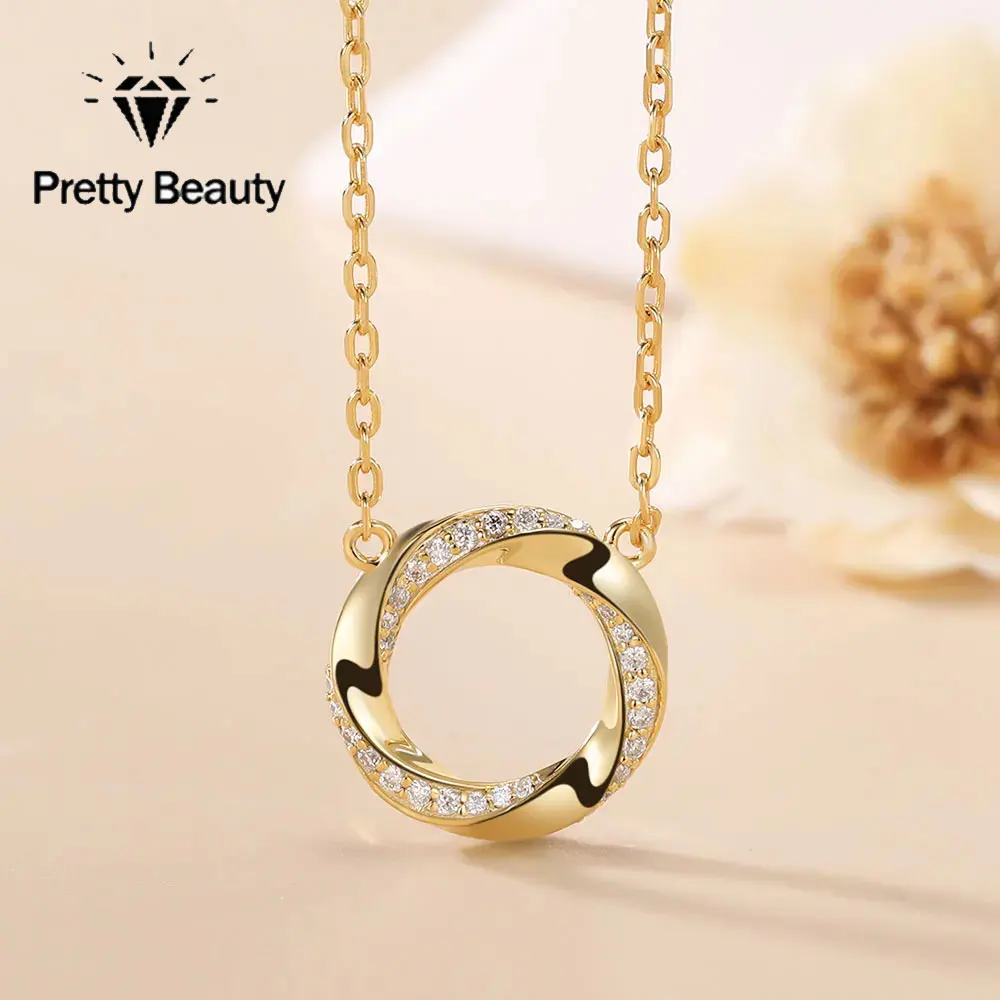 Pretty Beauty Moissanite Mobius strip Circle Pendant Necklace for Women S925 Silver Gold Plated Dainty Hypoallergenic Jewelry