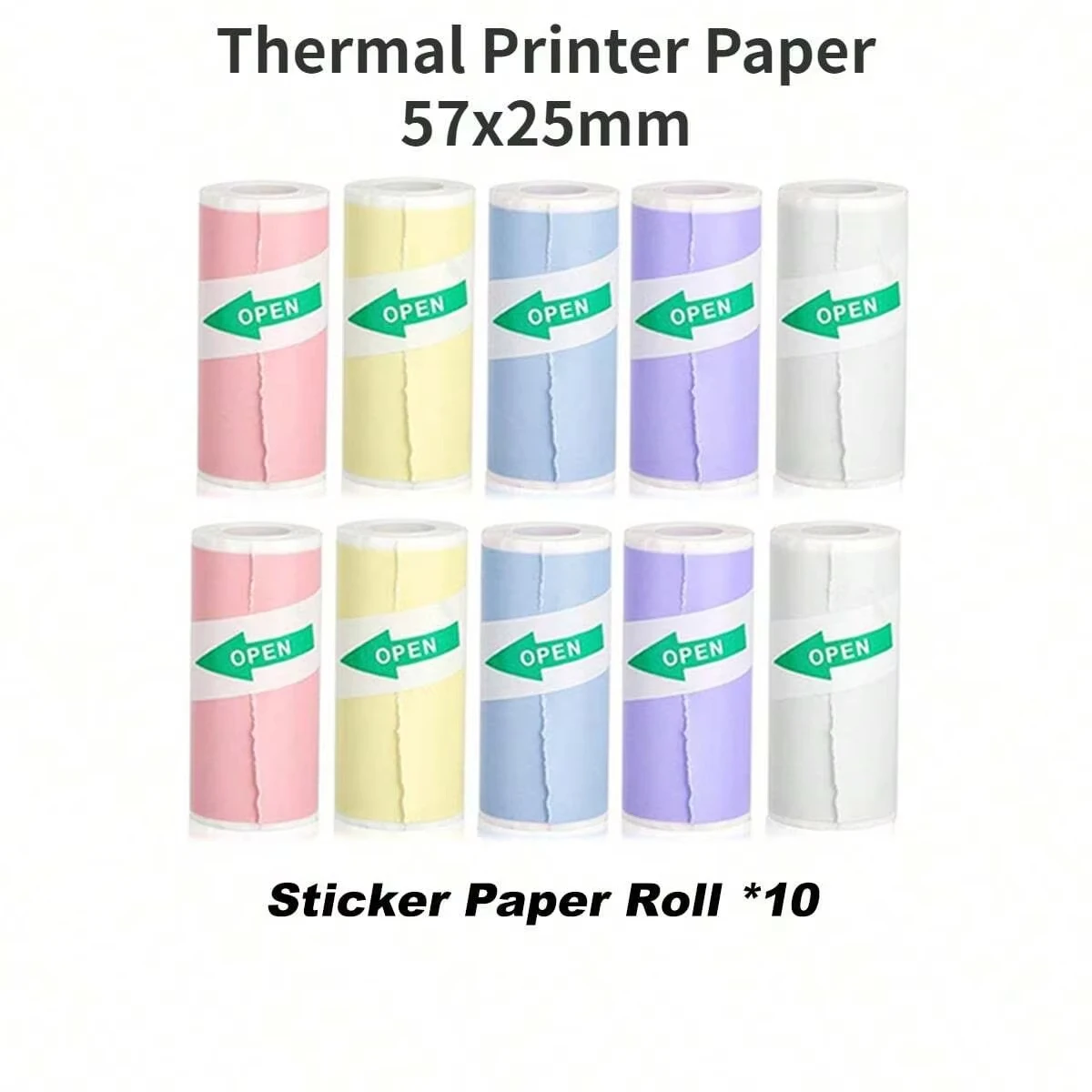Rollos de papel para impresora, autoadhesivo de Color para Mini impresora térmica portátil, sin tinta, 57x25mm, 10 Uds.
