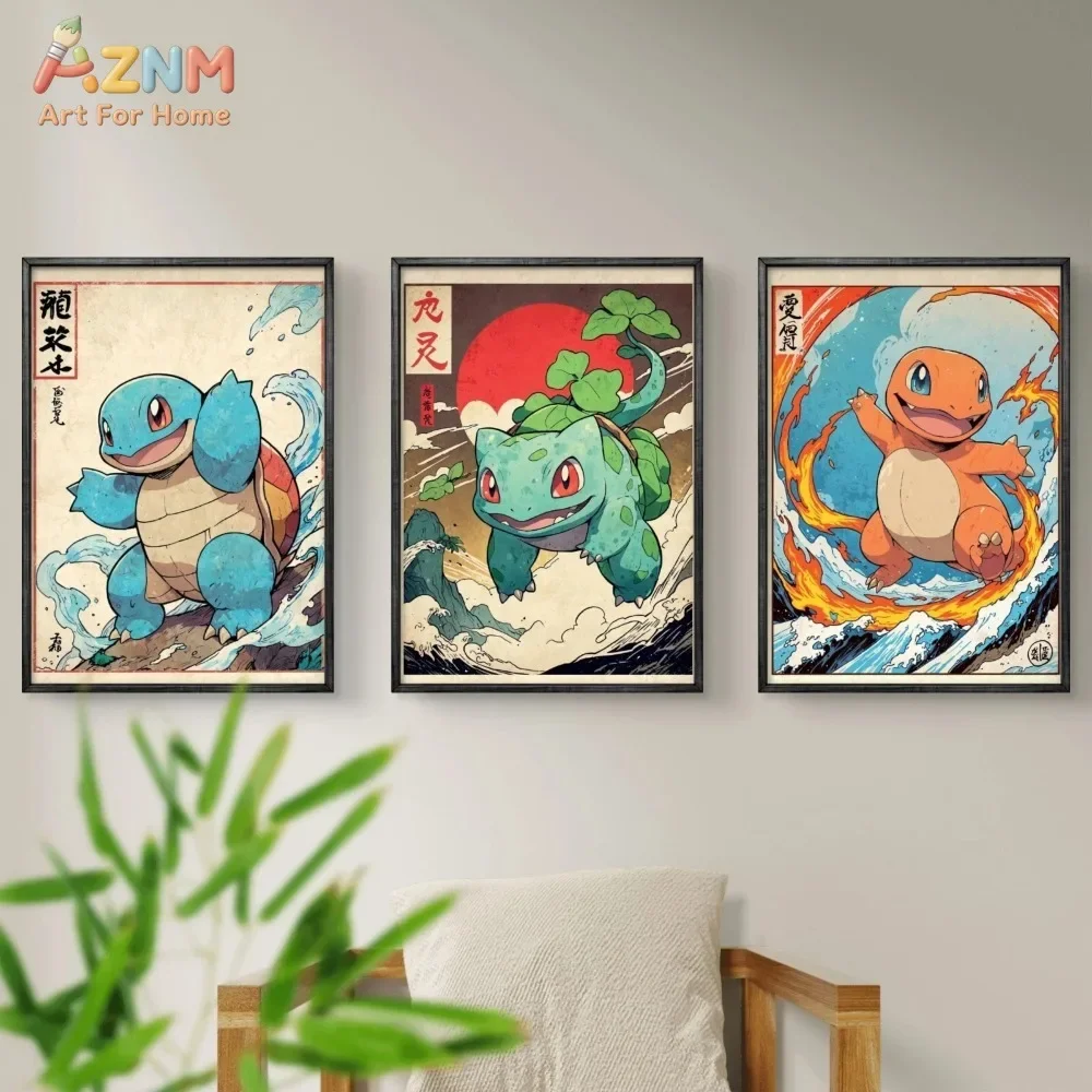 AZNM Pokemon Starter Ukiyo-E Retro Canvas Wall Art, Unframed Canvas Print Poster for Bedroom Living Room Home Art Decor Gift