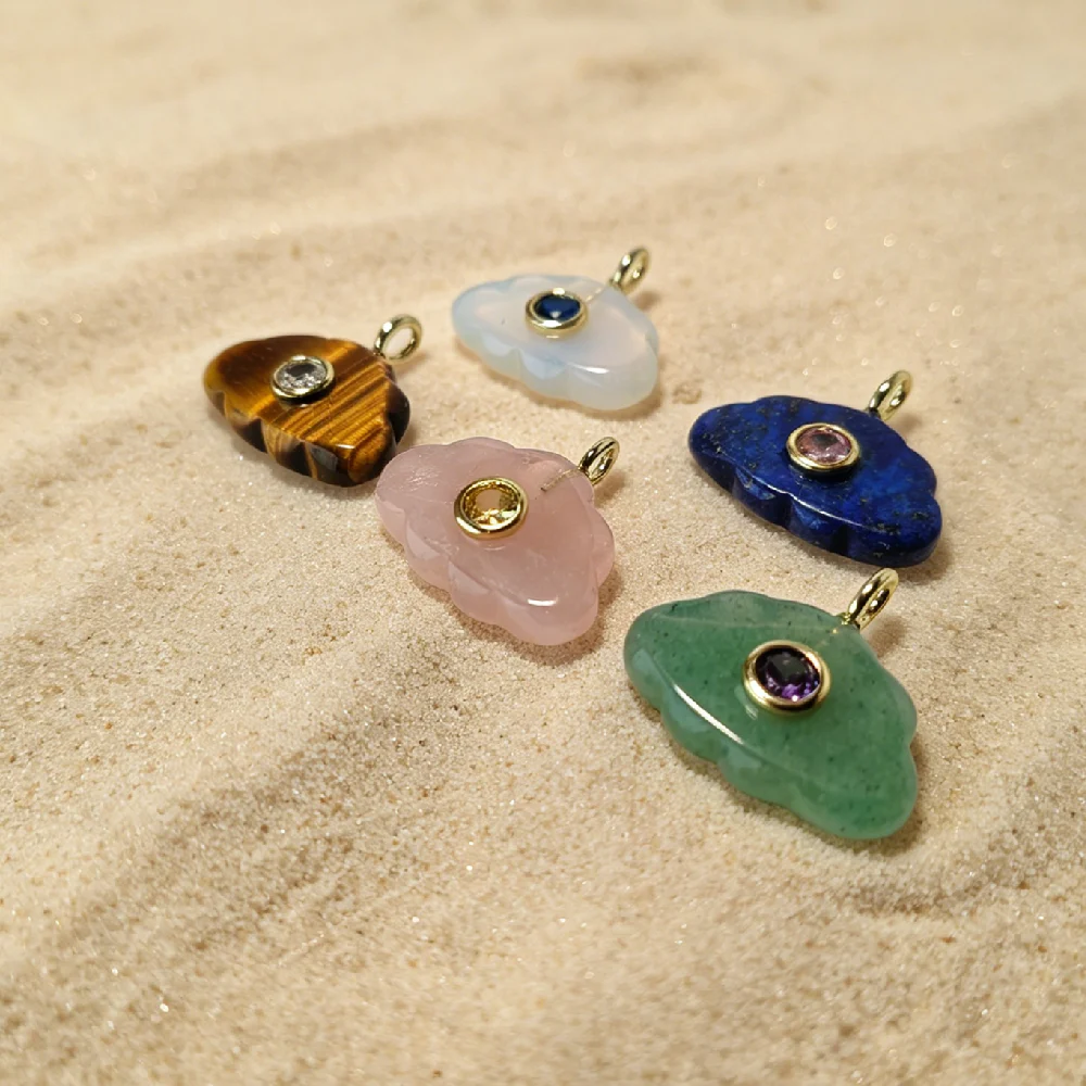 Chakra Balancing Scalloped Cloud Mixed Gemstone Charms Golden Tone Center Bezel Set CZ Single Bail DIY Beading Findings P2D1006