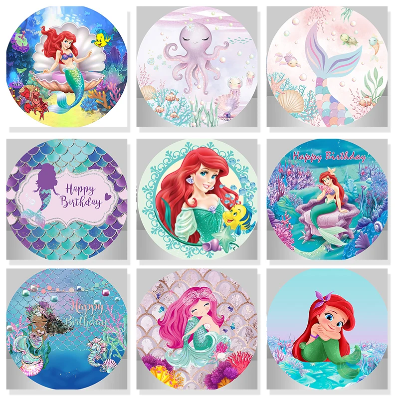 Disney Mermaid Ocean Theme Party Background Decors Round  Customized Backdrop Children\'s Birthday Decoration Wedding Banner