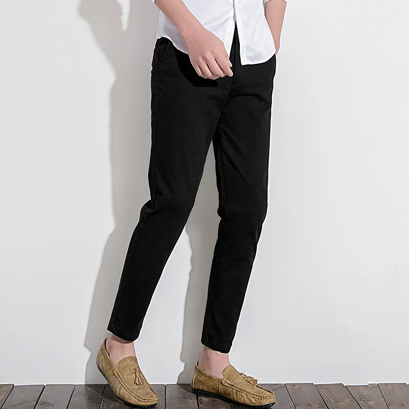 Calça de bolso com zíper com botões emendados masculina, slim fit, pés pequenos, simples, cor sólida, elástica, casual, moda outono-inverno