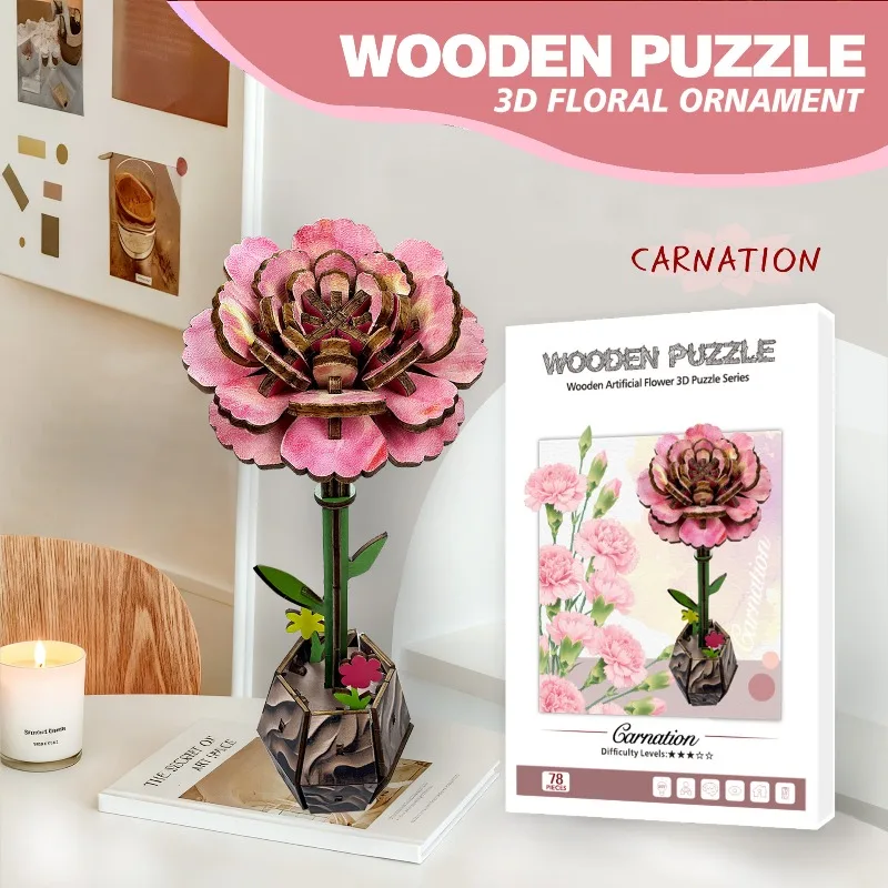 

Wooden Carnation Flower Puzzle for Adults DIY Floral Art Model Handmade Craft Souvenir Gift for Mom Home Desktop Art Decoration