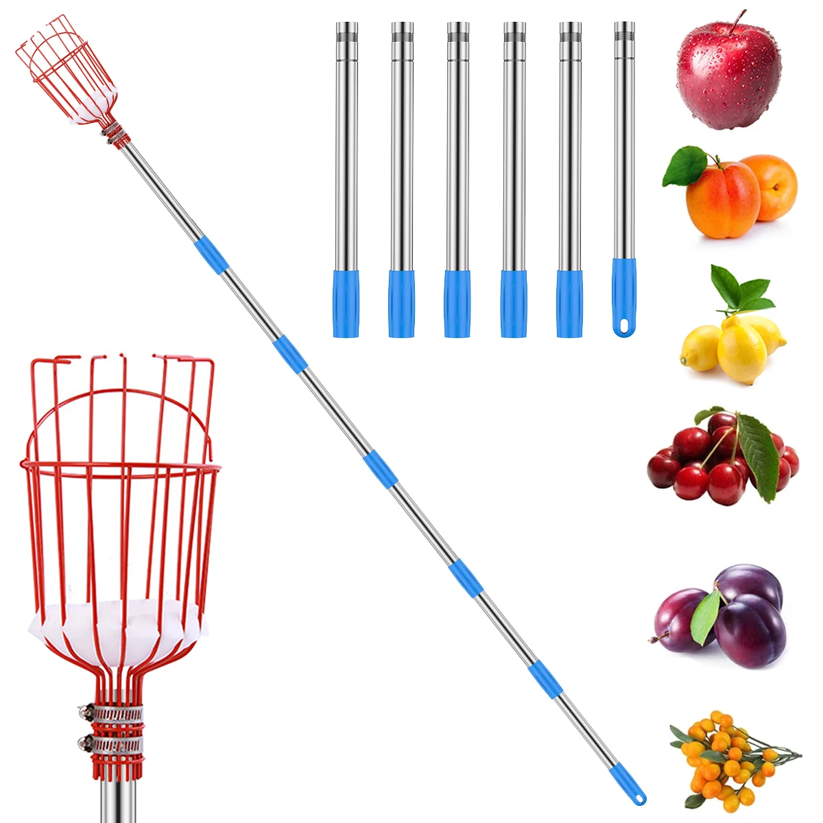 Fruit Picker Stick with Telescoping Pole Stainless Steel Fruit Picker Durable Basket Fruit Picking Tool Light Weight Fruit