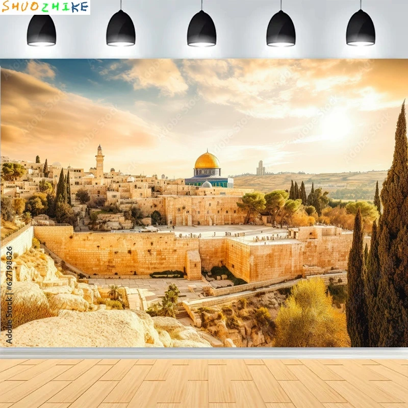 

Golden Dome Of Shrine Photography Backdrops Jerusalem's Old City Western Wall On Temple Landscape Mountains Background YSL-05