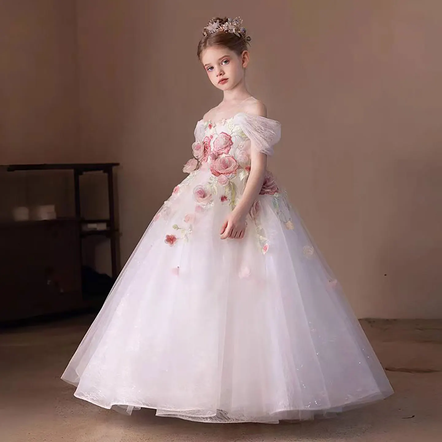 Dreamy Vow D309 Charming Off-Shoulder Applique Embroider Flower Girl Princess Dress Kids Wedding Party Holiday Celebration Prom