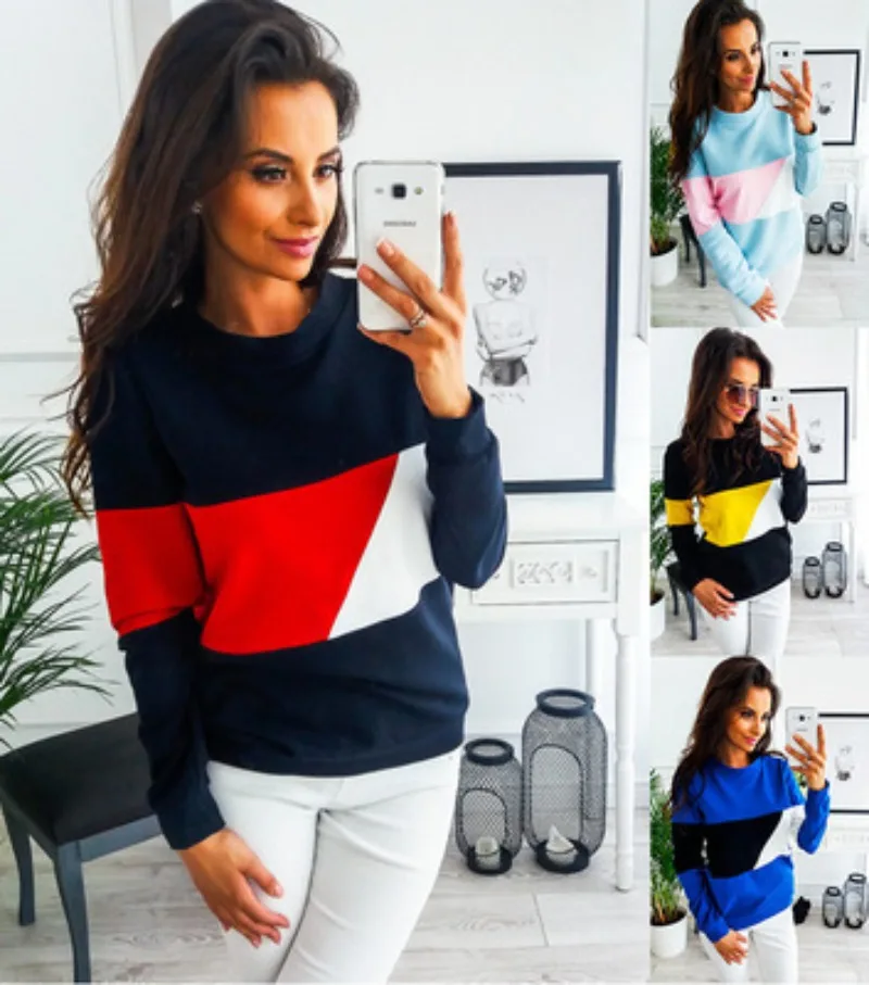 Women's Clothing Autumn and Winter Crew Neck Long-sleeved Splicing Contrasting Top Sweater