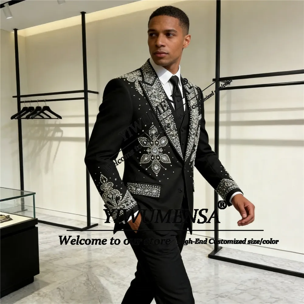 

Luxury Jewelry Beaded Suit Attire For Men Single Breasted Jacket Pants 2 Piece Set Groom Tuxedos Customized Terno Masculinos