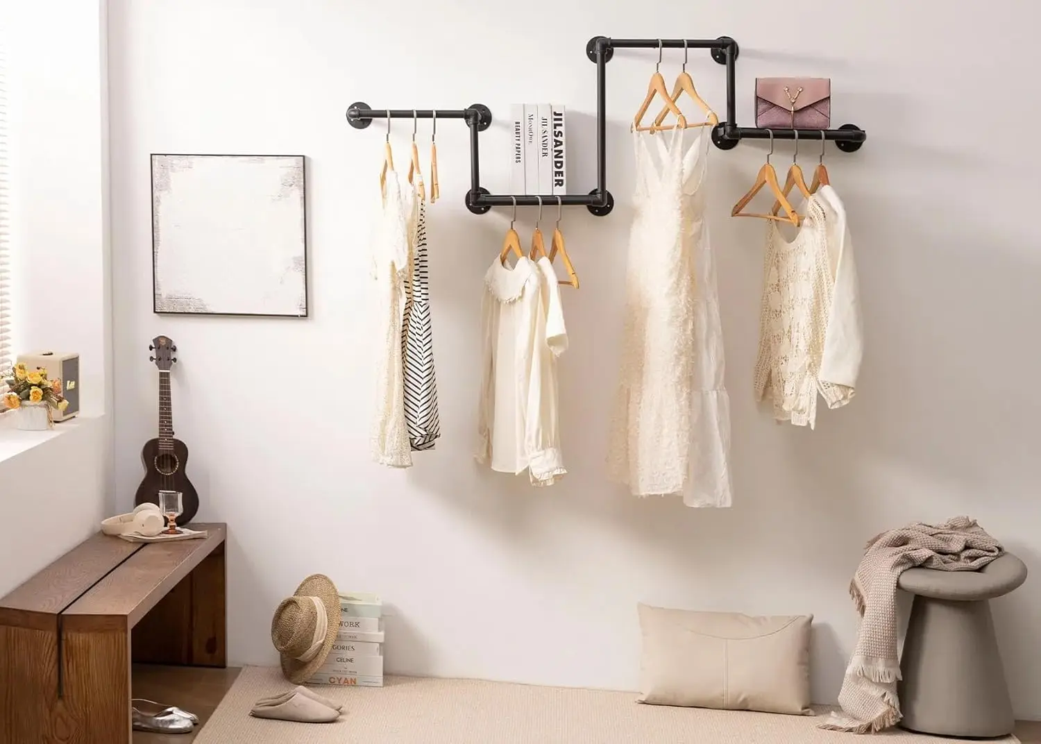 

Industrial Pipe Clothing Rack With 2 Floating Shelves, 4 Hanging Rods Wall Mounted Garment Rack, Heavy Duty Iron Clothes Bar,