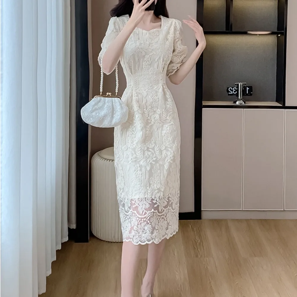 Vintage Elegant short Sleeve o-neck lace Embroidery Dress French Fashion Vestidos Basic Summer Sweet Dresses