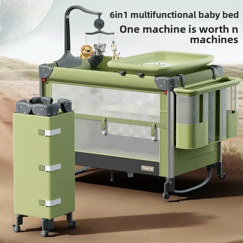 Babyfond Foldable Baby Crib, Portable Mobile Splicing Bed, Multifunctional Infant Folding Bed with Easy Storage for Newborn
