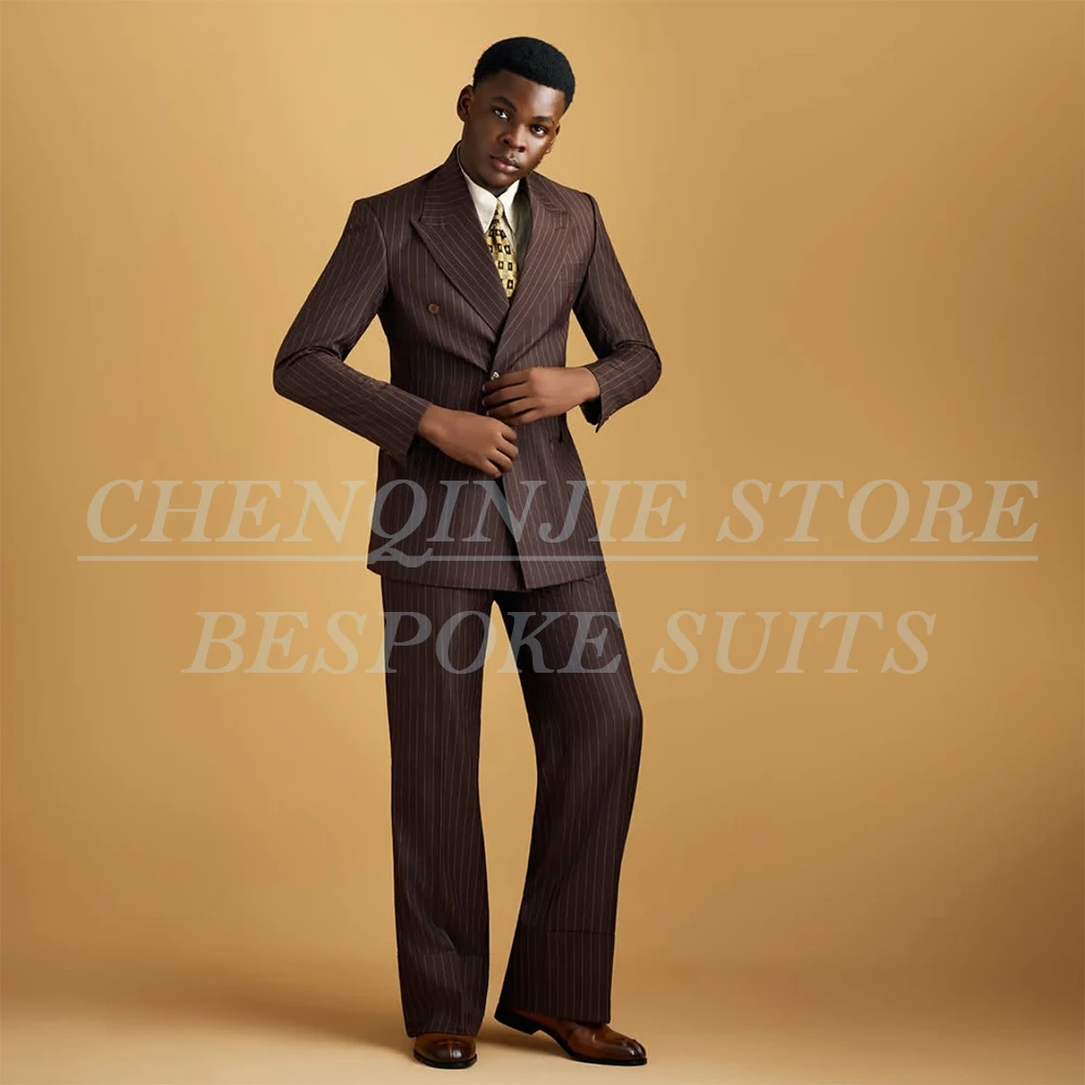 

Elegant Stripe Men's Suits Bespoke Double Breasted Peak Lapel 2 Piece Jacket Pants Sets Elegant Male Clothing Costume Homme