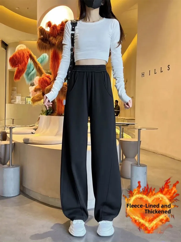 

Женские брюки с высокой талией и широкими штанинами, на флисовой подкладке, спортивные, свободного кроя, повседневные, осенне-зимние, новинка, модель Banana ape