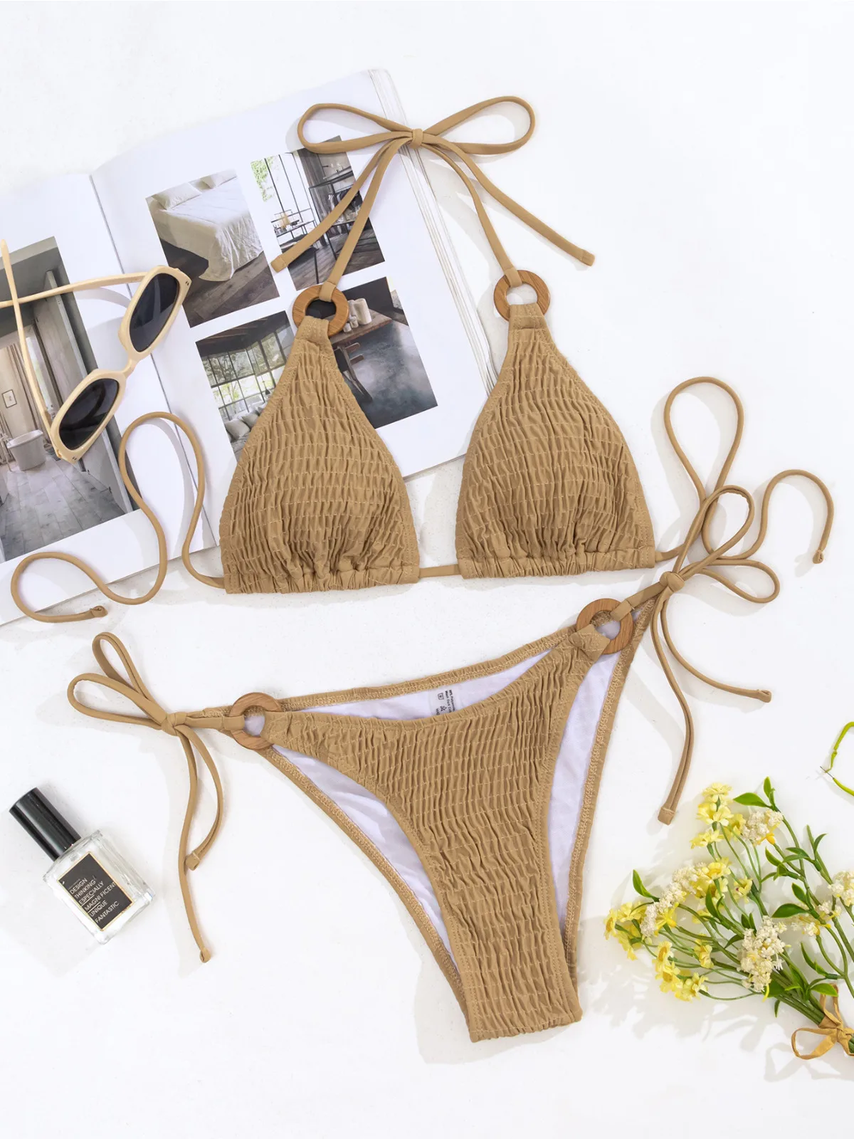 Bikini-Set für Damen, einfarbig, 2-teiliger Badeanzug, Tanga, Ring, Hosenträger, Schnürung, rückenfrei, Bademode, Khaki, Strand-Badeanzug, 2025 neu