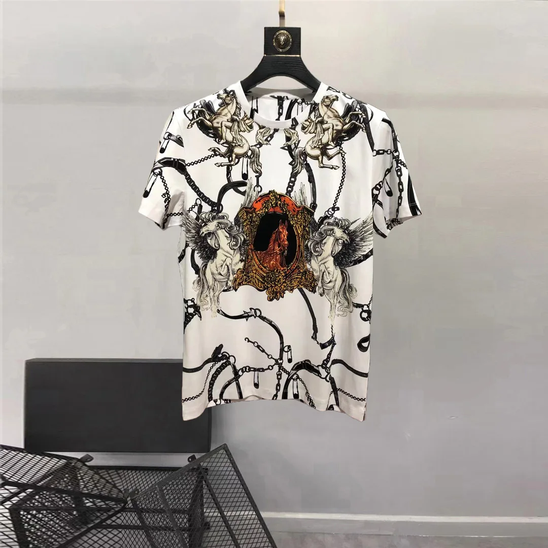 European Women's Clothing 2025  New summer styles of men's clothing  Short sleeve  Round collar  Retro Tianma printed T-shirt