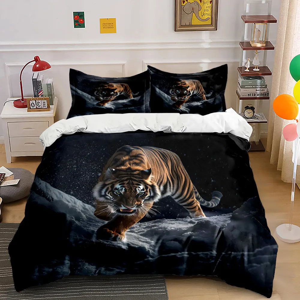 Majestic tiger in snowy terrain Printed Duvet Cover Set 1 Duvet Cover+2 Pillowcase Multi Size Bedroom Bedding Decoration