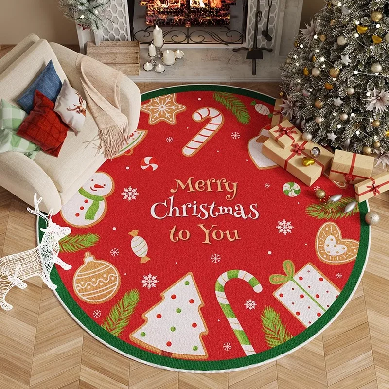 Cute Cartoon Christmas Living Room Large Round Carpet Easy Care Bedroom Children's Rug Home Decoration Festive Atmosphere Rugs