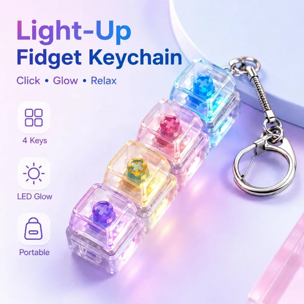 4 Keys Keyboard Switch Tester Keychain Mechanical Axis LED Clicker Fidget Toy for Stress Relief Desk Decor Gift