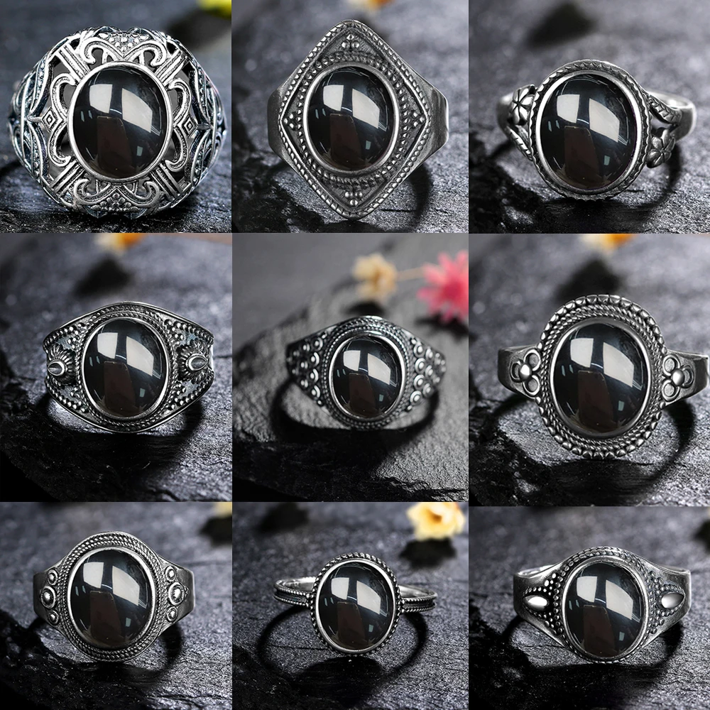 S925 Sterling SilverRing for Women Oval Round Natural Black Agate Ring Gift Sun Shaped Retro Luxury Fine Jewelry