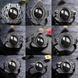 Anillo de plata de ley S925 para mujer, óvalo redondo, Ágata negra Natural, regalo en forma de sol, joyería fina de lujo Retro