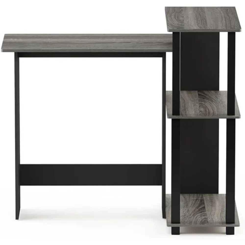 Compact Corner Computer Desk with Bookshelf, French Oak Grey/Black - Space-Saving Design