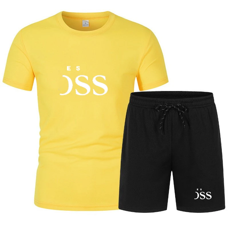 Summer men's mesh round neck T-shirt+shorts two-piece printed sports and leisure short sleeved set for men, short sleeved two-pi