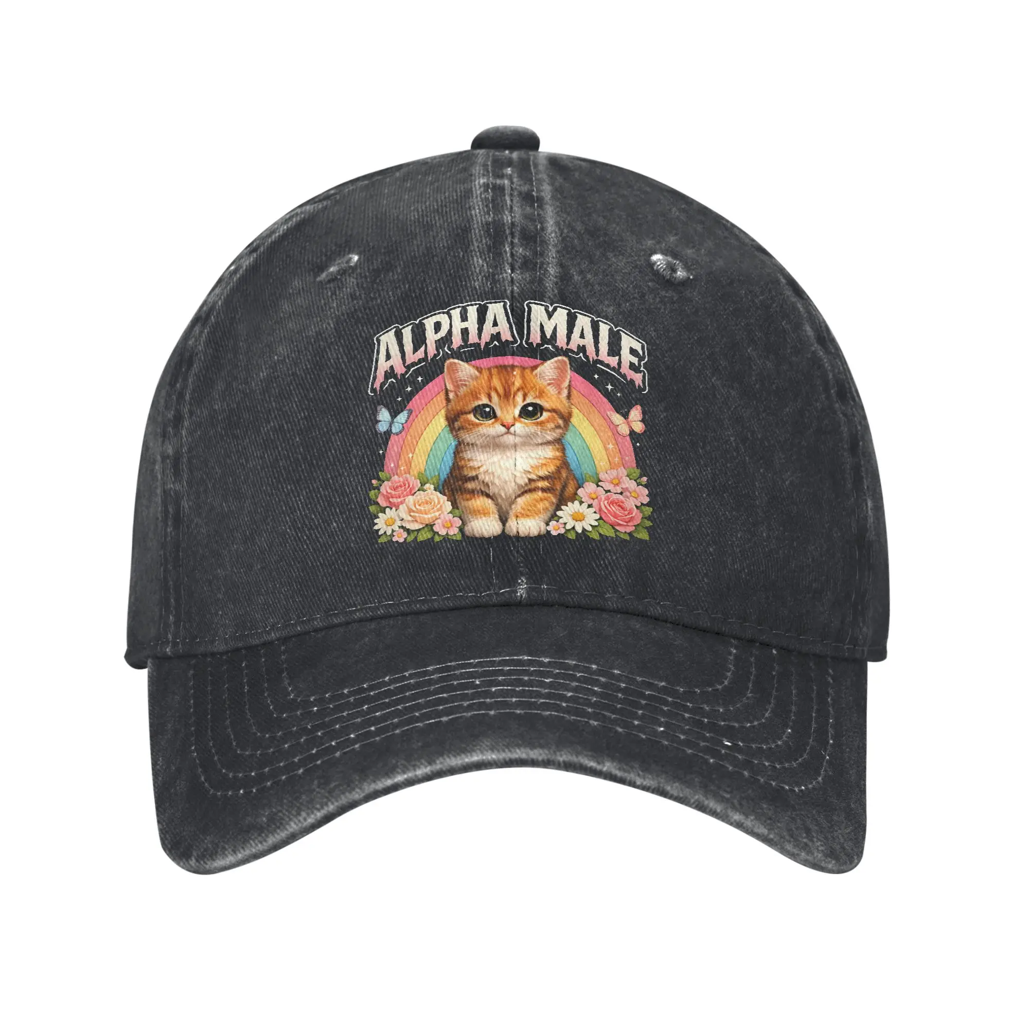 Alpha-Male Cat Funny Kitten Baseball Cap Classic Distressed Denim Washed Rainbow Floral Snapback Hat Outdoor Workouts Gift Hats