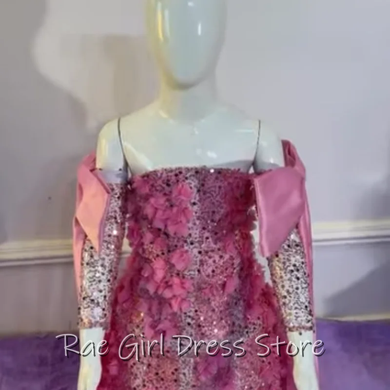 3D Floral Flower Girl Dress Off Shoulder Long Rhinestone Sleeves Mini A Line For Wedding Stage Performance Customized