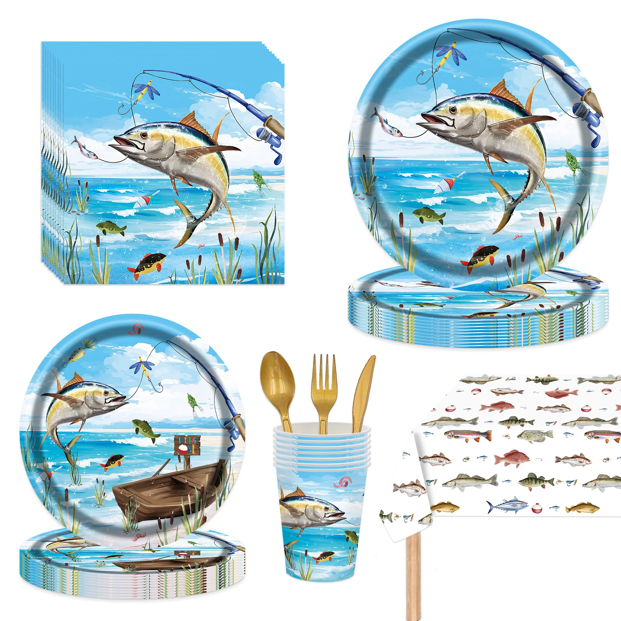 Fishing Themed Party Tableware Set Paper Plates Napkins Cups Fisherman Kids Birthday Baby Shower Seafood Party Decor Supplies