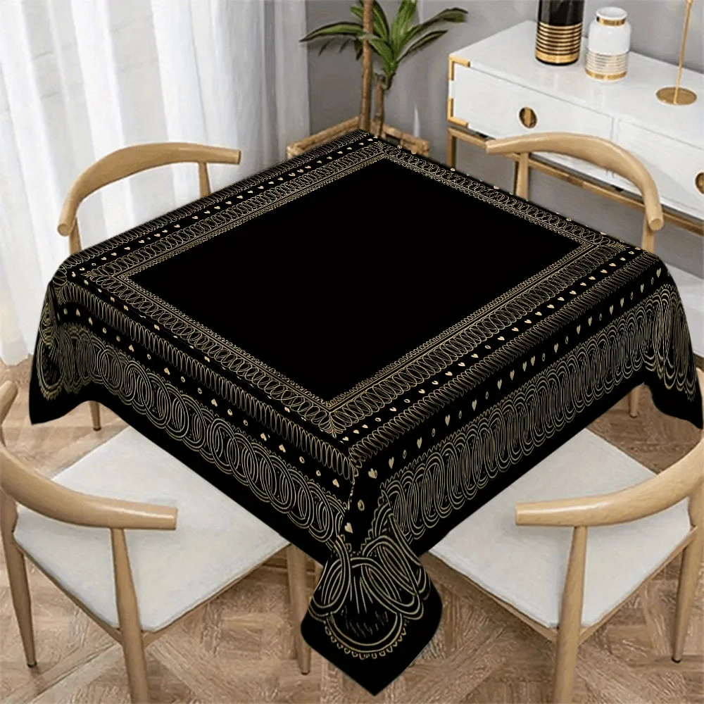 1Pc Square Bohemian Tablecloth Black Gold Geometric Border Print Table Cover For Dining Room Kitchen Decor Stain Resi