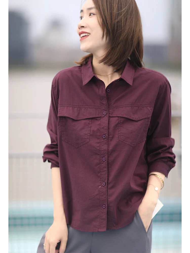 Casual Cotton Long Sve irt Pure Color Square Collar Button up Spring Faion Women's Premium Loose Fit irt