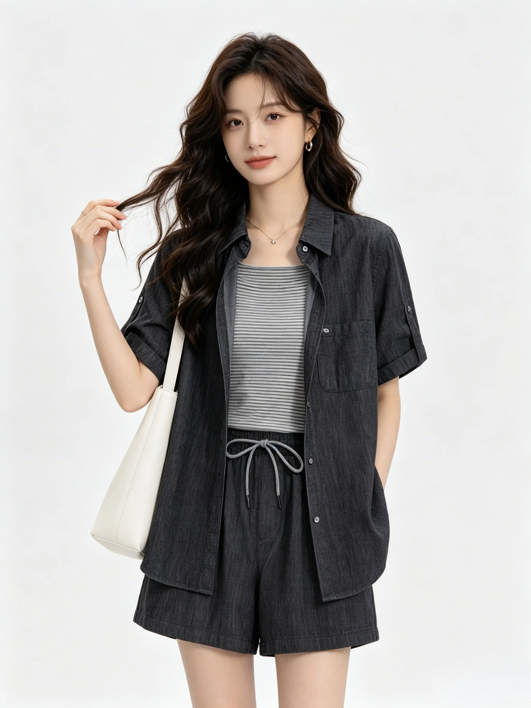 

Loose Fit Denim Short Sleeve Shirt And Shorts Set Casual Stripe Inner Wear Summer Fashion Three Piece Women's Ensemble