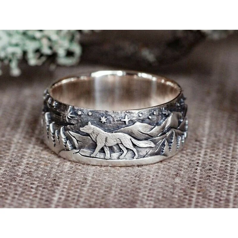 Mens Vintage Wolf in Forest Punk Rings Crazy Party Jewelry Fashion Retro Domineering Men's Ring Decoration Couple Gift Wholesale