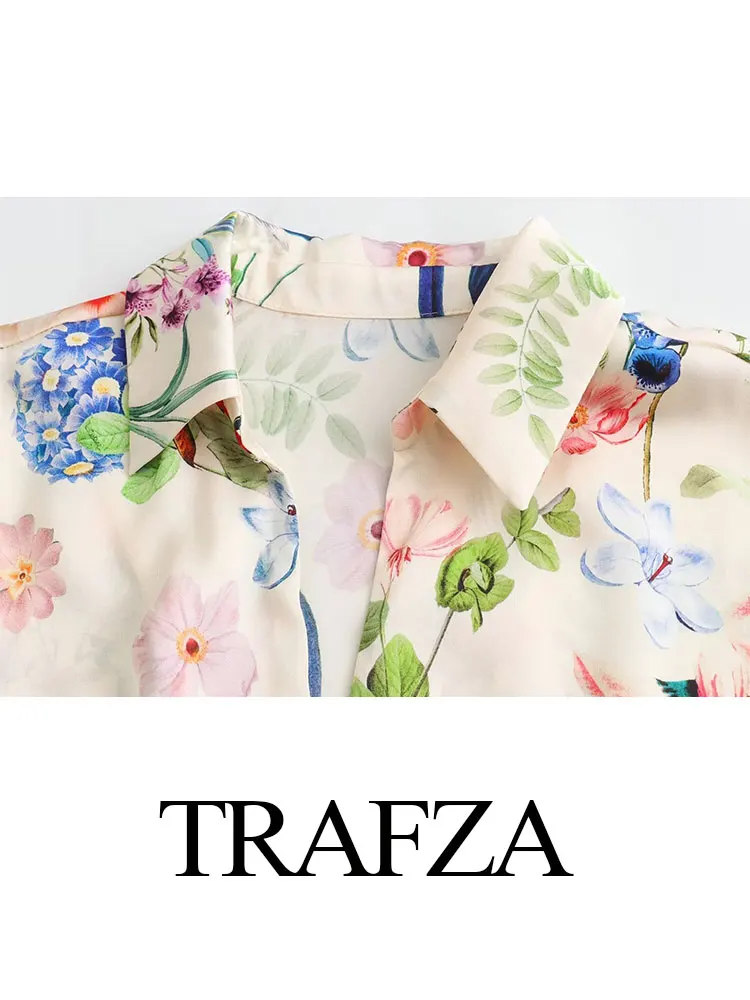 TRAFZA Summer Dresses Woman Trendy Print Turn-Down Collar Short Sleeve Belt Single Breasted Female Vintage Slim Mini Dress