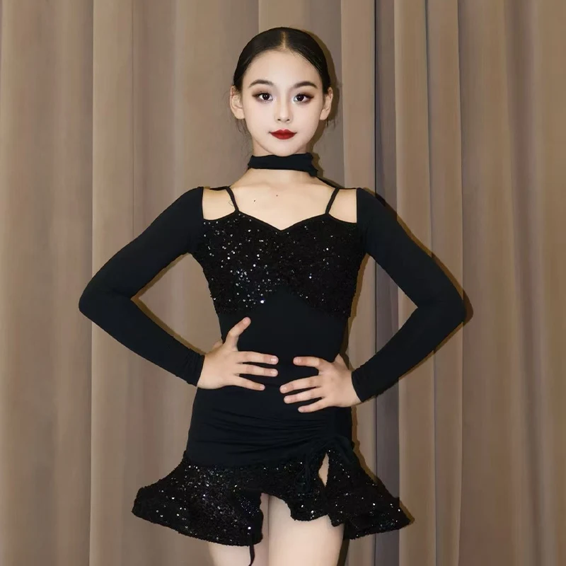 

2025 детская одежда для соревнований по латинским танцам для девочек, юбки с длинными рукавами и разрезом, костюм для чача, румбы, танго, латинское платье XH3357