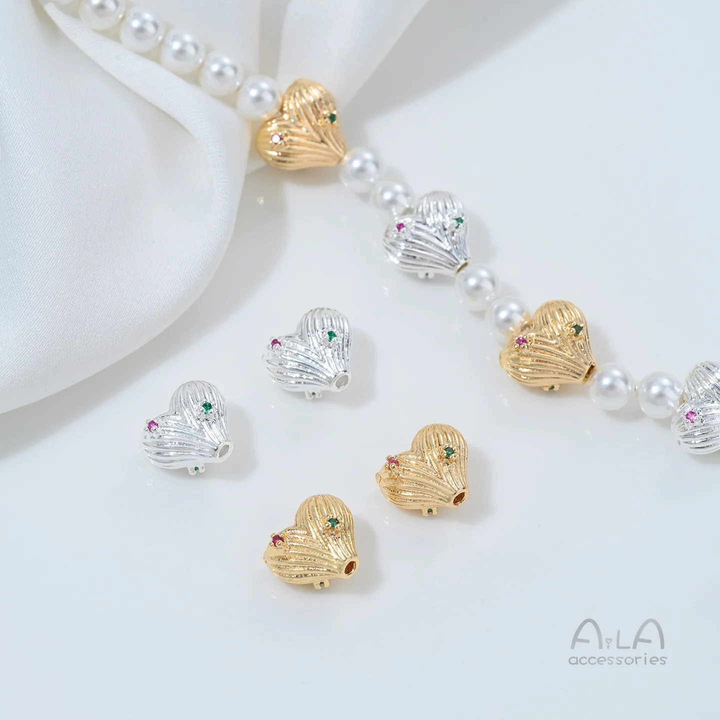 Silver-plated 14K Gold Color Zircon-inlaid Love Bead-separated Striped Peach Heart Beaded DIY Jewelry Accessories Material