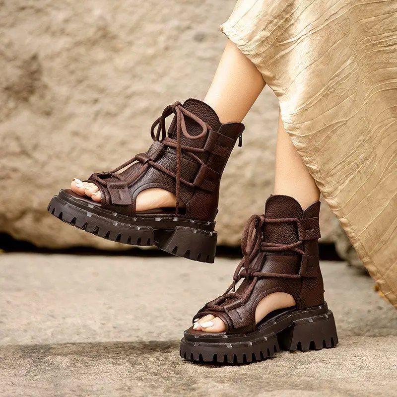 

Retro Sandals for Woman Summer Soft Leather High-top Platform Ladies Shoes Open-toed Foamed Rubber Lightweight Roman Sandals