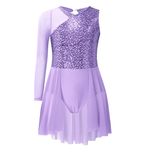 Imagen 2 del producto Vestido de baile lírico moderno para niñas, falda de malla de manga larga con un hombro y lentejuelas, leotardo, patinaje, Ballet, gimnasia, Ropa de baile
