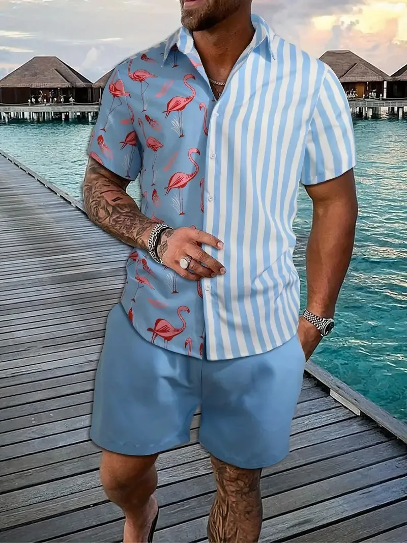 Hot Sale Summer Men\'s Lapel Shirt Shorts Set Flamingo Printing Quick-drying Fabric Casual Loose Fit Plus Size Holiday Beach Set