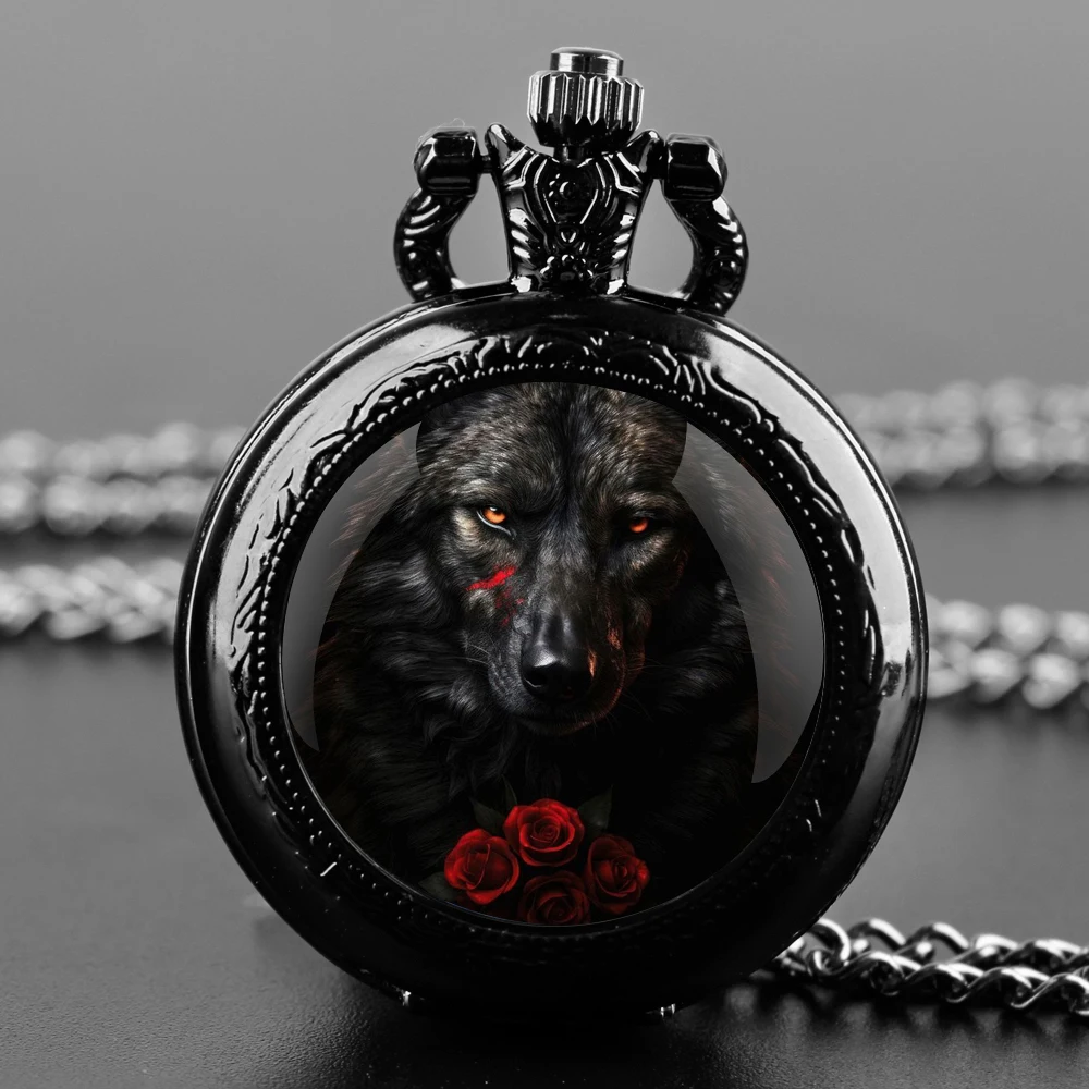 Rose Wolf Design Glass Dome Fashion Arabic Numerals Quartz Pocket Watch Necklace Pendant Chain Mens Women Gifts