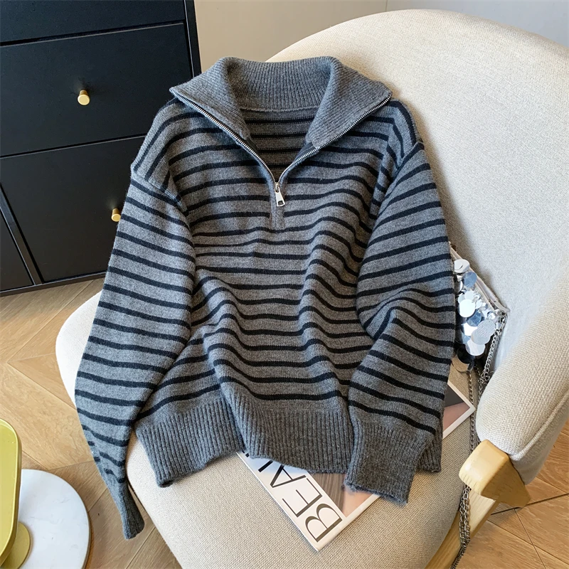 سترة نسائية مخططة غير رسمية نصف سحاب وياقة واقفة وأكمام طويلة قميص نسائي منسوج بألوان متباينة للخريف والشتاء