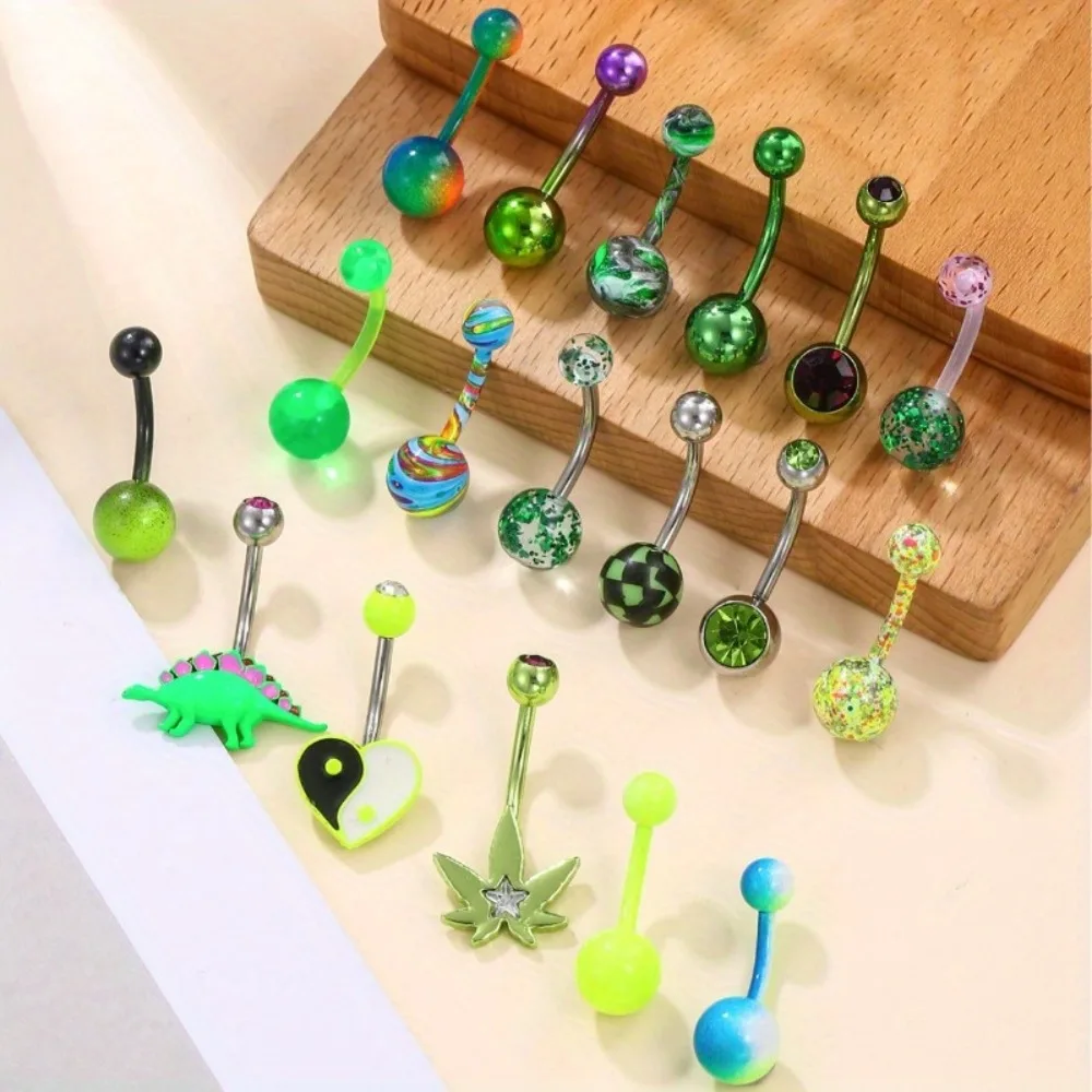 1PC Green Stainless Steel Spray Painted Umbilical Nail Maple Leaf Dinosaur Gossip Umbilical Cord Decoration Piercing