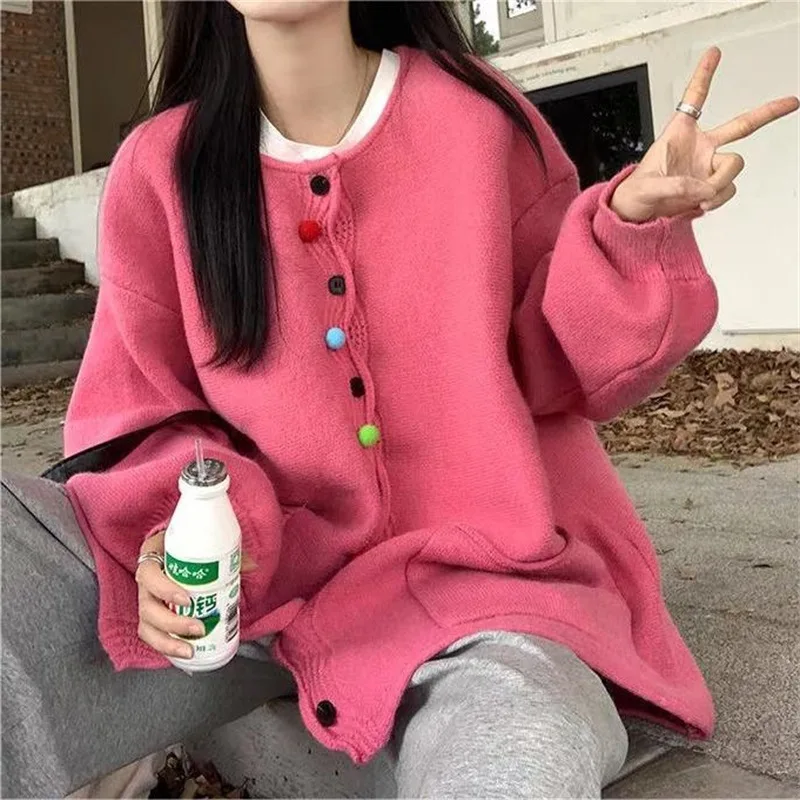 Colorful Hairball Decoration Round Neck Knit Cardigan,Women Retro Loose Design Knie Sweater Coat with Pockets,Autumn and Winter