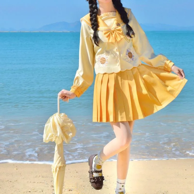 Sunflower Pattern Long-sleeved Yellow Original Kindergarten Genuine JK Uniform Japanese Sweetheart Pleated Skirt Spring Suit