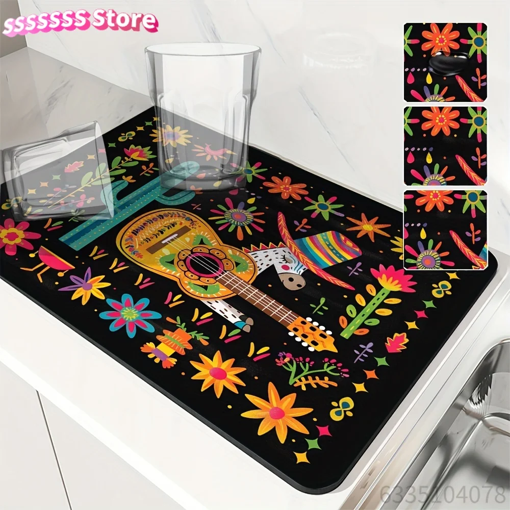 Dish Drying Pad, Mexican-themed Floral Straw Hat Cactus Printed Washing Machine Dust Cover Mat, Countertop Absorbent Pad, Absor