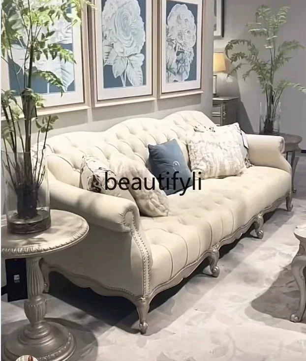 

AH8 American leather living room three sofa solid wood carving flower retro living room furniture combination