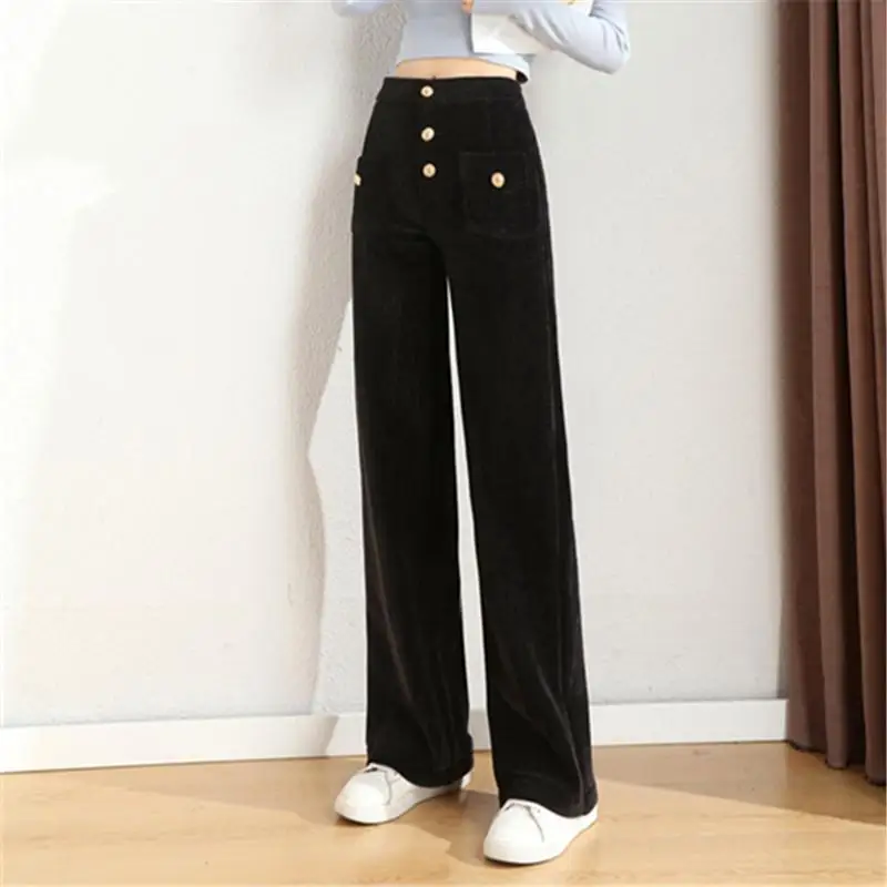 Autumn Winter New Fashion High Waist Solid Button Corduroy Women's Clothing Pockets Loose Casual Simplicity Trend Young Pants